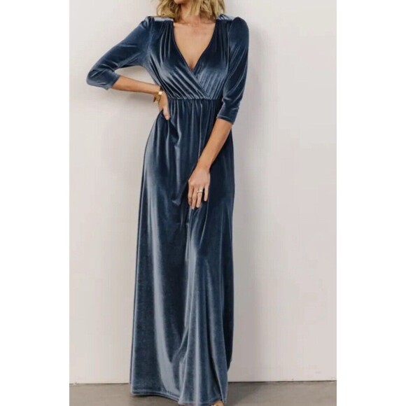 Baltic Born Dresses & Skirts - Baltic Born Sofia Velvet Maxi Dress Blue V-Neck 3/4 Sleeve Long Pullover Size XL